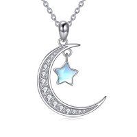 wholesale 925 Sterling Silver Crescent Moon & Star Opalite Pendant Necklace for Women- Rhodium Plated