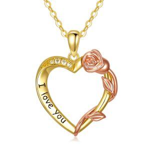 14K Real Gold Rose Heart Pendant Necklace-0