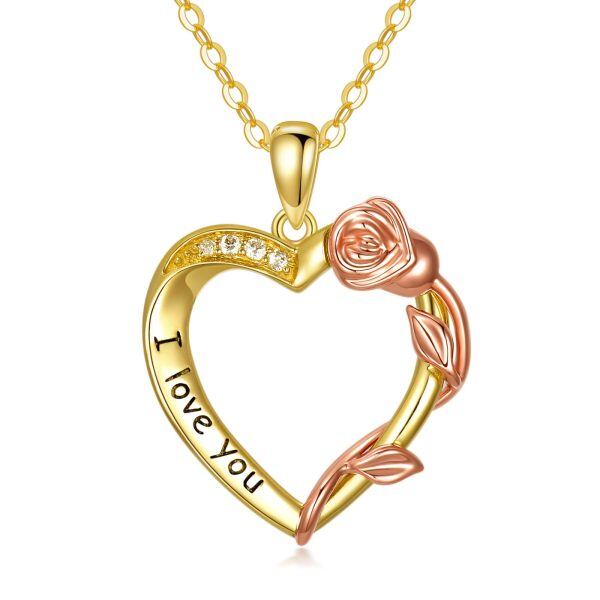 14K Real Gold Rose Heart Pendant Necklace-0