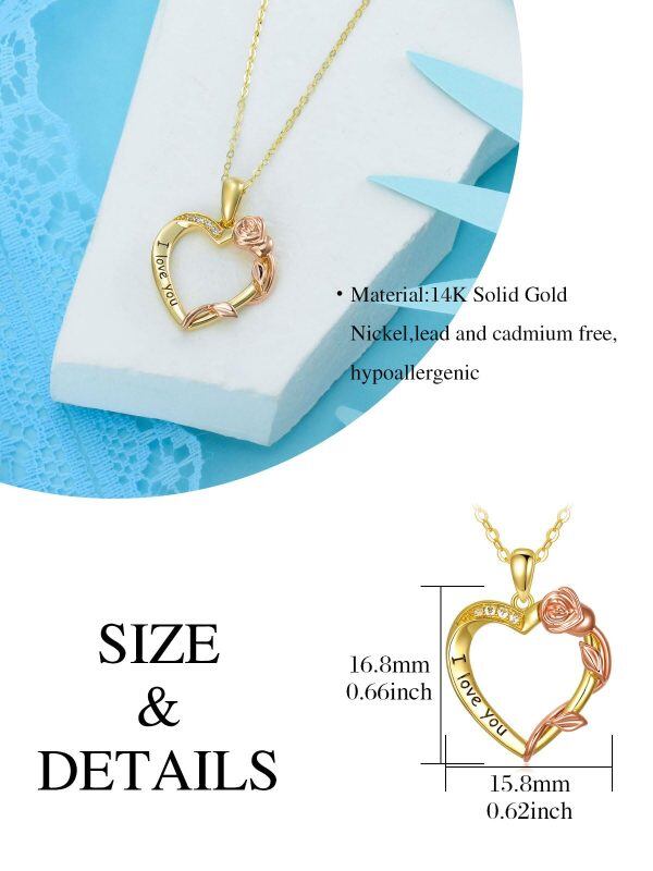 14K Real Gold Rose Heart Pendant Necklace-1