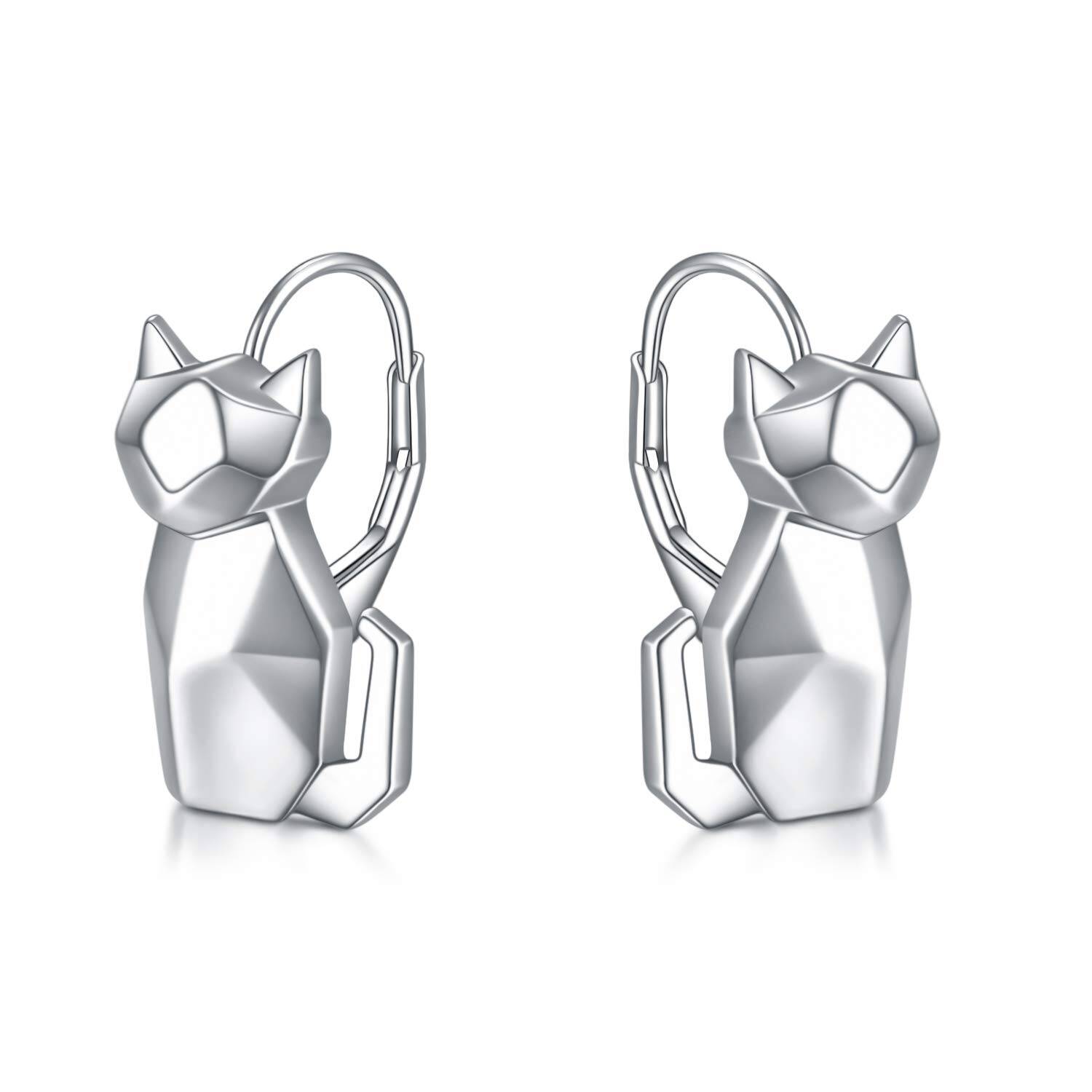 Sterling Silver Cat Earrings - Rhodium Plated- Rhodium Plated
