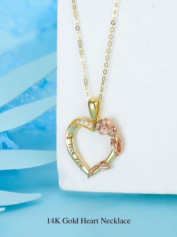 14K Real Gold Rose Heart Pendant Necklace-4