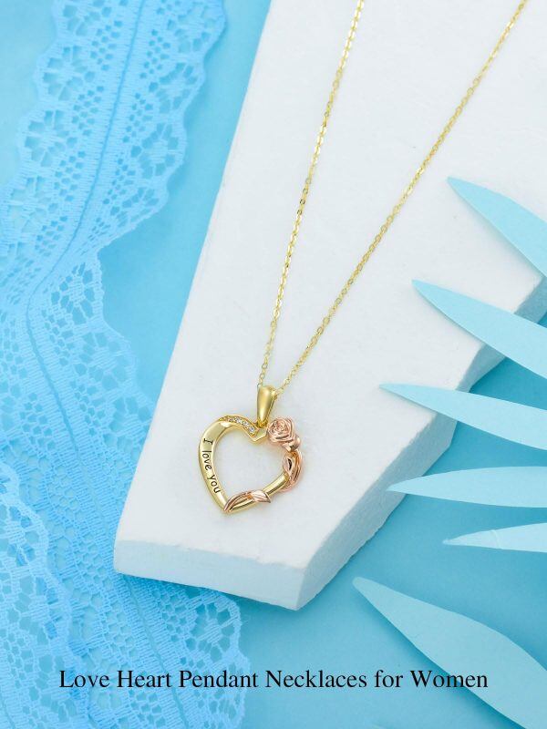 14K Real Gold Rose Heart Pendant Necklace-5