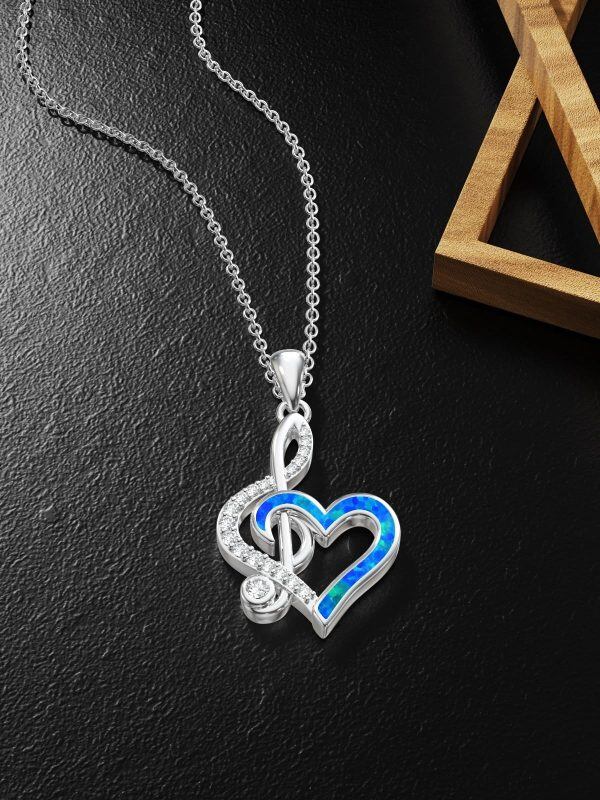 Sterling Silver Opal Musical Note Pendant Necklace-4