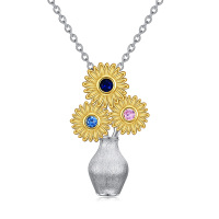 wholesale 925 Sterling Silver Flower Bouquet Pendant Necklace with Crystal Stones for Women Gifts- Two Tone