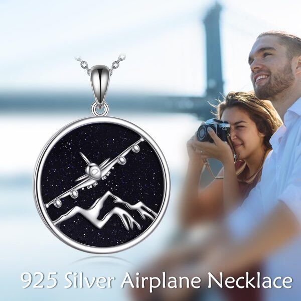 Sterling Silver Airplane Mountain Pendant Necklace With Blue Sandstone-3