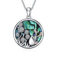 wholesale 925 Sterling Silver Round Abalone Shell Rabbit Flower Pendant Necklace for Women- Rhodium Plated