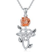 wholesale 925 Sterling Silver Orange Rose Heart Knot Pendant Necklace for Women - rhodium