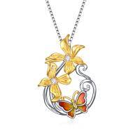 wholesale 925 Sterling Silver Two-Tone Butterfly & Flowers Pendant Necklace with Stones and Chain for Women- Rhodium And Gold Plated