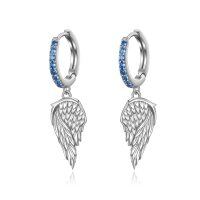 wholesale 925 Sterling Silver Angel Wing Blue Crystal Dangle Hoop Earrings for Women- Rhodium Plated