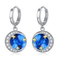 wholesale 925 Sterling Silver Round Blue Marble Gold Stars Dangle Earrings for Women Girls - Rhodium Plated
