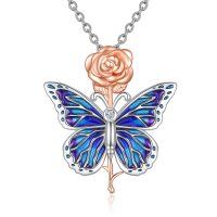wholesale Sterling Silver Butterfly Rose Necklace - rhodium-and-rose-gold-plated- rhodium
