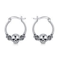 wholesale 925 Sterling Silver Skull Hoop Earrings with Rose Details for Women- Rhodium Plated