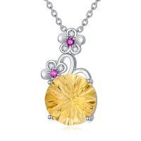 wholesale 925 Sterling Silver Round Citrine Pendant Flower Design Necklaces for Women- Rhodium Plated
