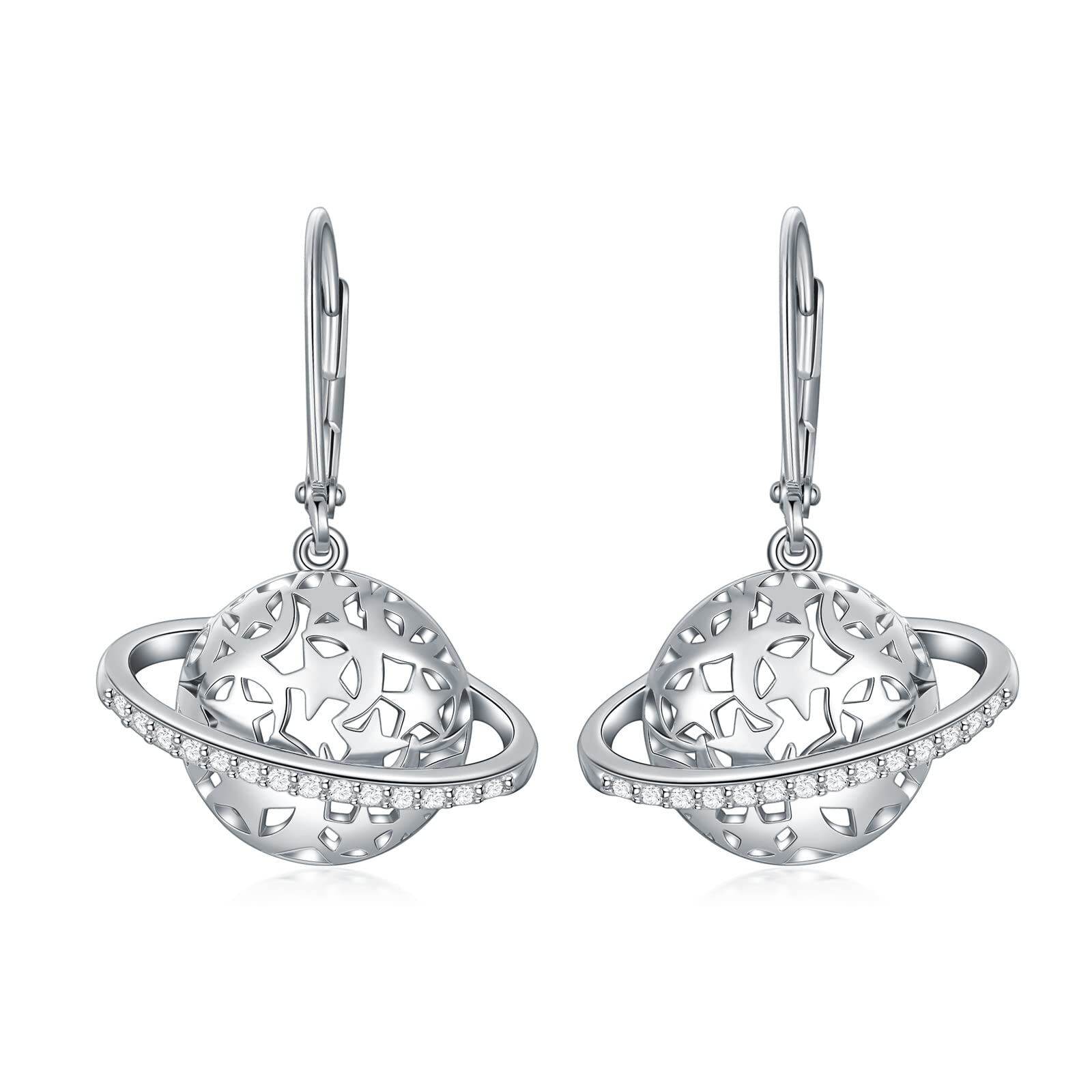 Sterling Silver Cubic Zirconia Flower Lotus Square Planet Leverback Dangle Earrings - Rhodium Plated- Rhodium Plated