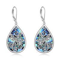wholesale 925 Sterling Silver Abalone Shell Filigree Dragonfly Teardrop Dangle Earrings- Rhodium Plated