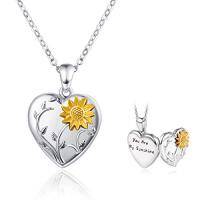 wholesale 925 Sterling Silver Sunflower Locket Necklace with You Are My Sunshine Inscription - Birthday Gifts for Her- Rhodium And Gold Plated