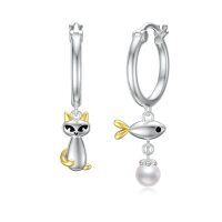 wholesale 925 Sterling Silver Cat and Fish Drop Earrings with Pearl Accents for Women- Rhodium And Gold Plated