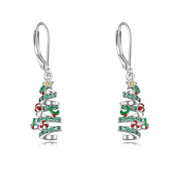 Sterling Silver Christmas Tree Hoop Earrings-0