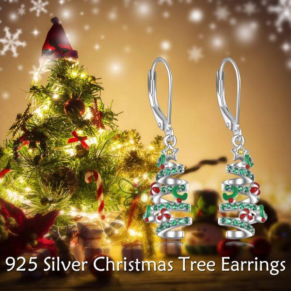 Sterling Silver Christmas Tree Hoop Earrings-2