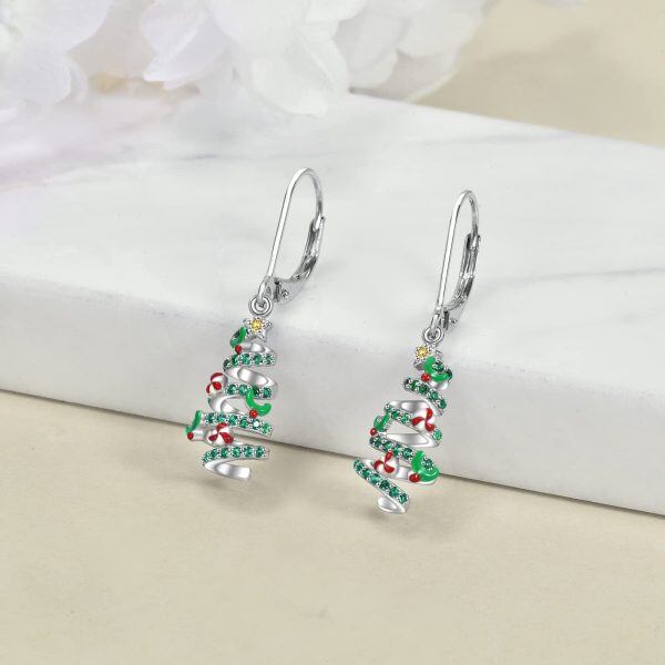 Sterling Silver Christmas Tree Hoop Earrings-4