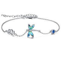 wholesale 925 Sterling Silver Butterfly Lotus Flower Blue Crystal Charm Bracelets Gift for Women- Rhodium Plated