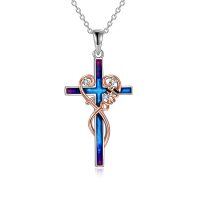 wholesale 925 Sterling Silver Blue Enamel Heart Cross Pendant Necklace for Women- rhodium