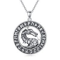 wholesale 925 Sterling Silver Viking Dragon Rune Circle Pendant Necklace for Men- Rhodium Plated