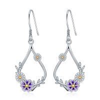 wholesale 925 Sterling Silver Purple and Gold Daisy Flower Drop Earrings for Women- Rhodium And Gold Plated