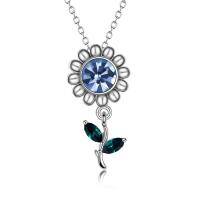 wholesale 925 Sterling Silver Blue Crystal Flower Pendant Necklace for Women- Rhodium Plated