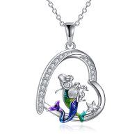 wholesale 925 Sterling Silver Heart-Shaped Mermaid Pendant Necklaces with Enamel and Cubic Zirconia  for Sisters & Friends- Rhodium Plated