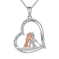 wholesale 925 Sterling Silver Horse and Girl Heart Pendant Necklace with Cubic Zirconia - Love Forever Design- rhodium