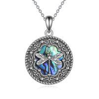 wholesale 925 Sterling Silver Abalone Shell Dragonfly Round Locket Pendant Necklace s for Women- Rhodium Plated
