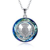 wholesale 925 Sterling Silver Round Blue Crystal Thistle Pendant Necklace for Women- Rhodium Plated