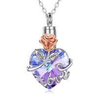 wholesale 925 Sterling Silver Purple Crystal Love Heart Keepsake Pendant with Rose and Leaves- rhodium