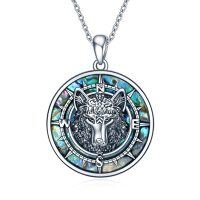 wholesale 925 Sterling Silver Round Abalone Shell Compass Wolf Head Pendant Necklace for Women- Rhodium Plated