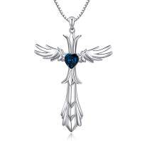 wholesale 925 Sterling Silver Angel Wing Heart Blue Crystal Cross Pendant Necklace for Women- Rhodium Plated