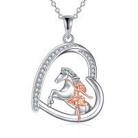 wholesale 925 Sterling Silver Horse and Girl Heart Pendant Necklace for Women- rhodium