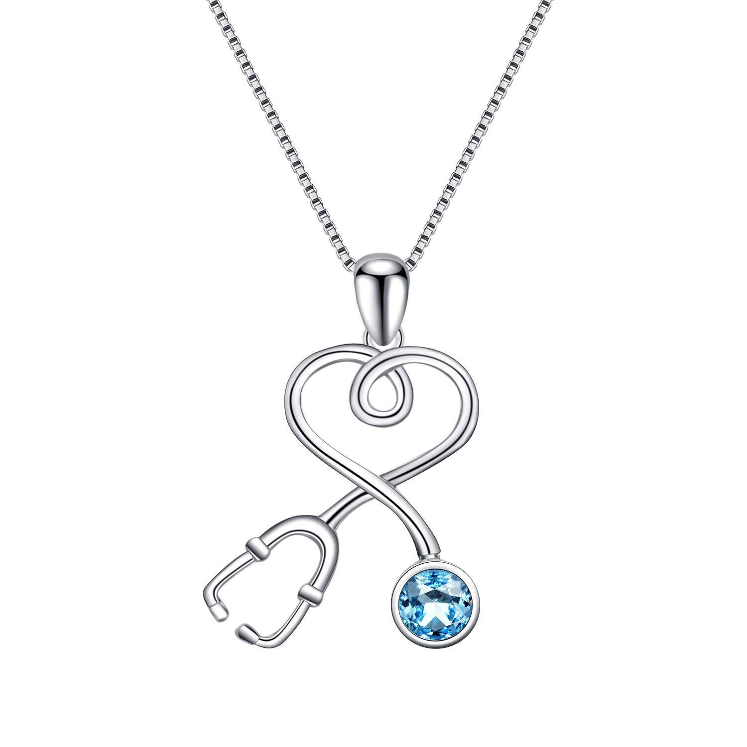 wholesale 925 Sterling Silver Plated Gold Infinity Heart Stethoscope Pendant Necklace with Cubic Zirconia Accent for Nurses Doctors Gifts- Rhodium Plated