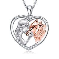 wholesale 925 Sterling Silver 925 Wolf Girl Heart Pendant Necklace for Women- Rhodium Plated