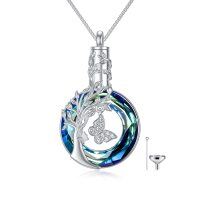 wholesale 925 Sterling Silver Blue Crystal Tree of Life Butterfly Cremation Jewelry Urn Pendant Necklace with Funnel and Fill Tool- Rhodium Plated