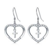 wholesale 925 Sterling Silver Heart Cross Dangle Earrings with Cubic Zirconia for Women- Rhodium Plated