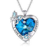 wholesale 925 Sterling Silver Blue Crystal Heart I love you forever Pendant Necklace for Women- Rhodium Plated