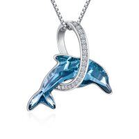 wholesale 925 Sterling Silver Dolphin Blue Crystal Pendant Necklaces for Women Gifts- Rhodium Plated