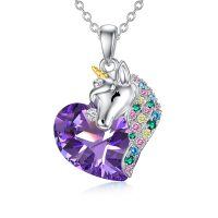 wholesale 925 Sterling Silver Purple Heart Crystal Rainbow Unicorn Pendant Necklace for Women- Rhodium Plated