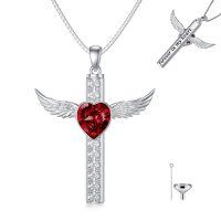 wholesale 925 Sterling Silver Angel Wings Red Crystal Heart Cremation Jewelry Urn Pendant Necklace for Women- Rhodium Plated