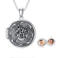 wholesale 925 Sterling Silver Round Floral Design Photo Locket Pendant Necklace with Chain for Women- Rhodium Plated