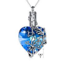 wholesale 925 Sterling Silver Blue Crystal Butterfly Heart Cremation Jewelry Urn Pendant Necklace with Funnel and Chain- Rhodium Plated
