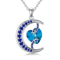 wholesale 925 Sterling Silver Blue Crystal Crescent Moon & Stars Pendant Necklace for Women- Rhodium Plated