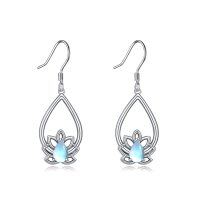 wholesale 925 Sterling Silver Teardrop Moonstone Lotus Flower Dangle Earrings for Women- Rhodium Plated